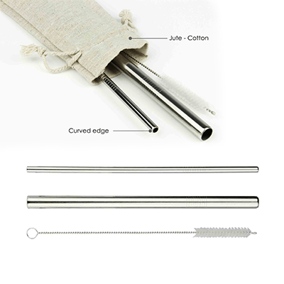 GIH1188 Straight Stainless Steel Straw Set (jute-cotton pouch) 2 Giftsdepot Straight Stainless Steel Straw Set with Brush view 1 1