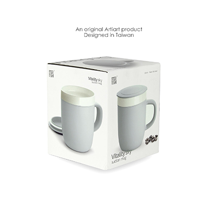 Giftsdepot - Vita Ceramic, Suction Mug, Grey Color, Packaging Box, Malaysia