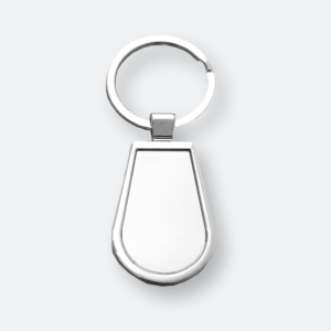 deo metal keychain with silver teardrop design and smooth finish