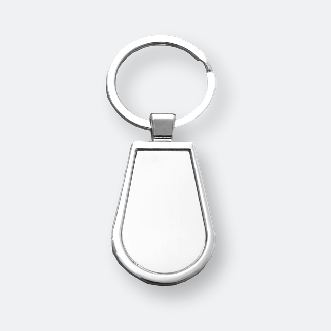 deo metal keychain with silver teardrop design and smooth finish