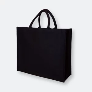 black canvas bag with wide base and reinforced handles