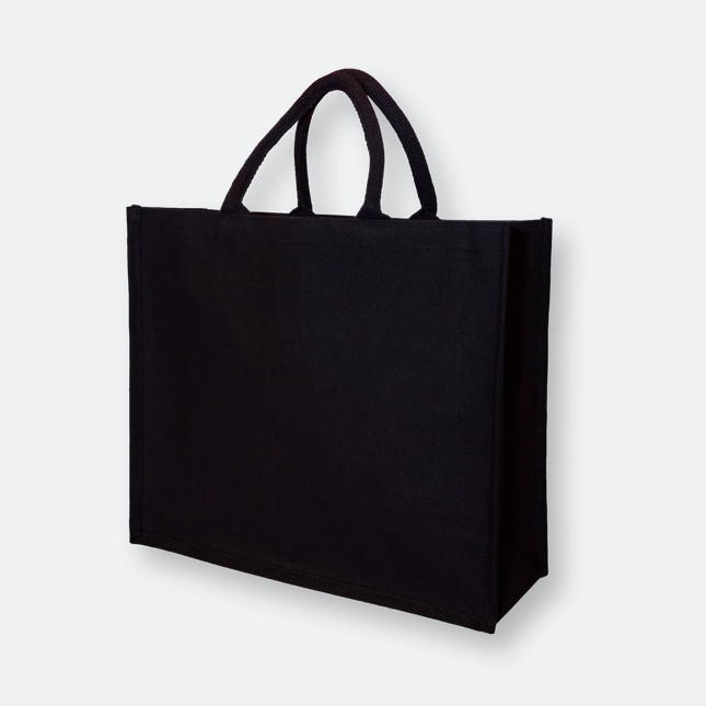 black canvas bag with wide base and reinforced handles