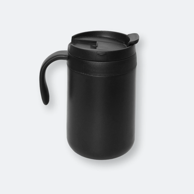 wushlo stainless steel mug in black with curved handle