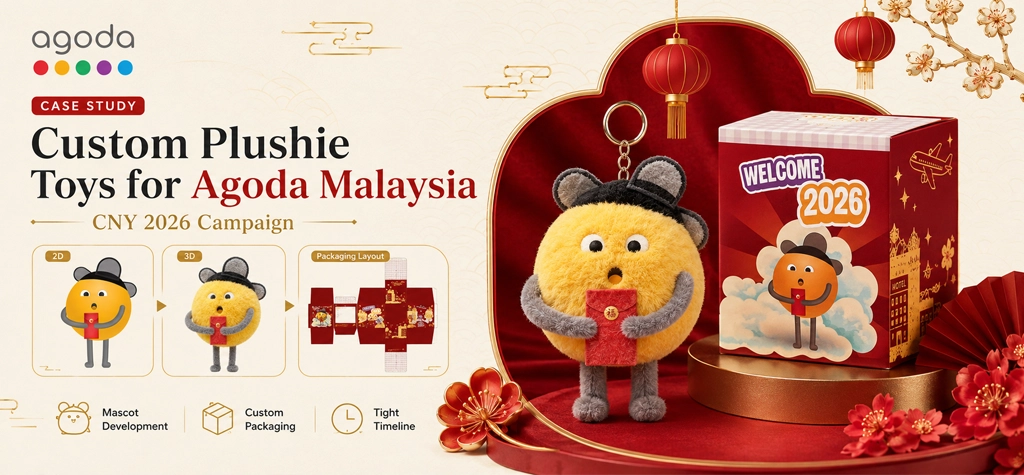 Case Study: Custom Plushie Toys for Agoda Malaysia CNY 2026 Campaign 🧧🐻 Custom Logo Printing Agoda malaysia custom plushie toy case study for cny 2026 campaign, showing 2d mascot, 3d visualisation, real plushie product and custom packaging