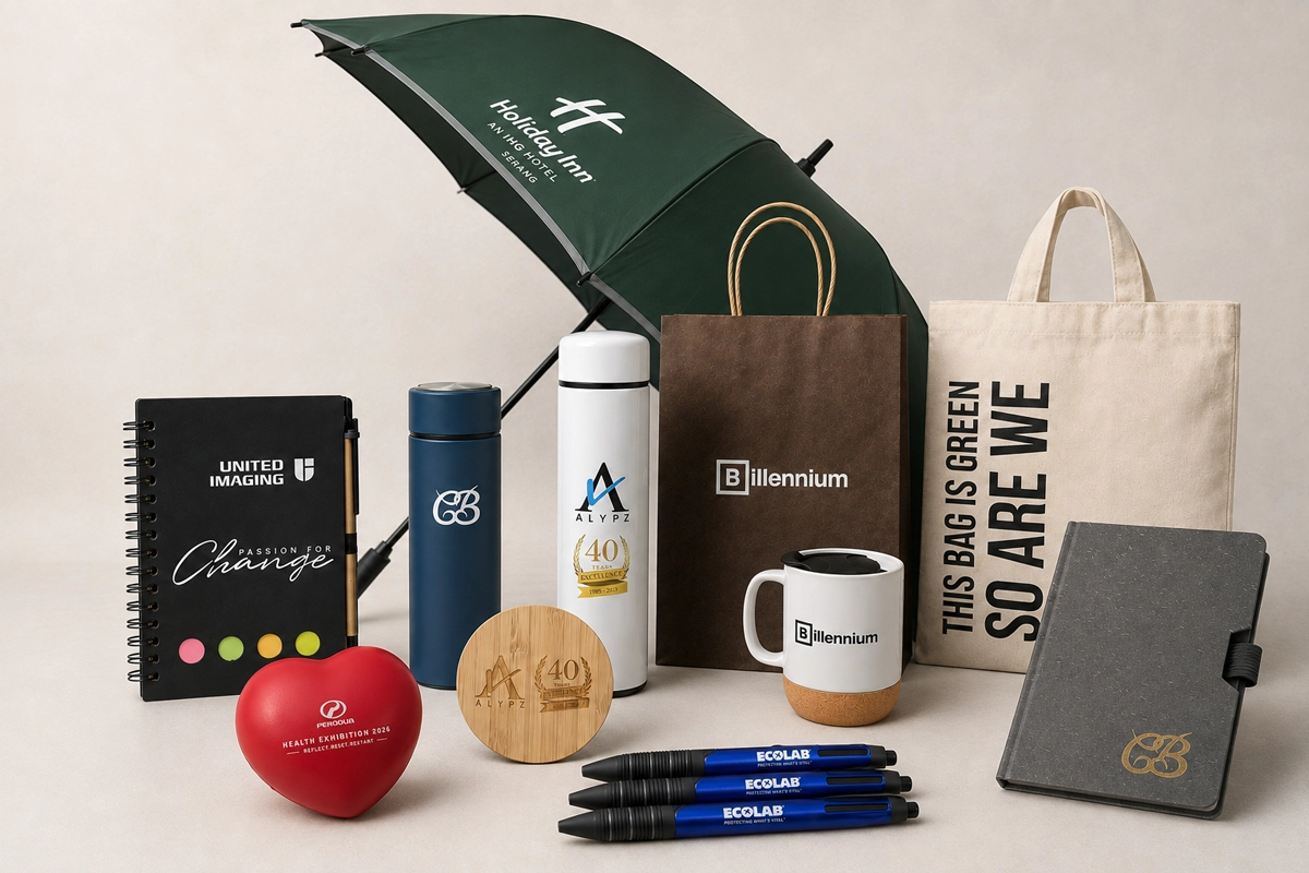 Annual dinner door gifts malaysia across budgets — printed pens, keychains, non-woven bags, mugs and tumblers