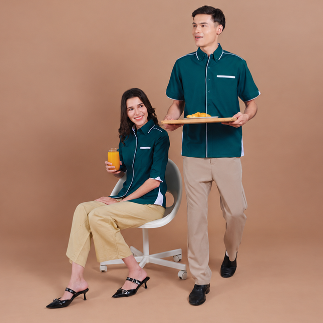 F116 Corporate Uniform Short Sleeve Shirt Hidden Pocket Model 1 F116 corporate uniform short sleeve shirt hidden pocket worn by model