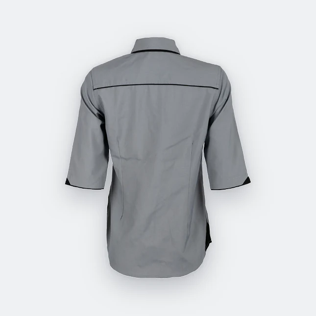 F117 corporate uniform female 3/4 sleeve hidden pocket dark grey back view