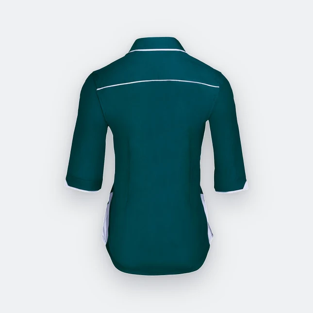 F117 corporate uniform female 3/4 sleeve hidden pocket midnight green back view