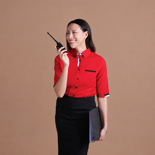 F127 corporate uniform female 3/4 sleeve three-colour contrast worn by model