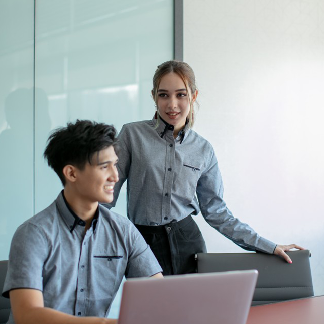 F142 Corporate Uniform Unisex Short Sleeve Oxford Model 3 F142 corporate uniform unisex short sleeve oxford worn by model