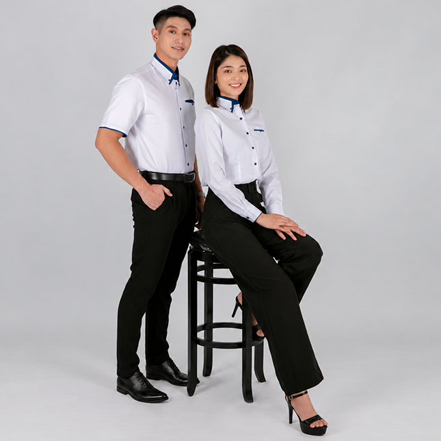 F143 corporate uniform female long sleeve oxford worn by model