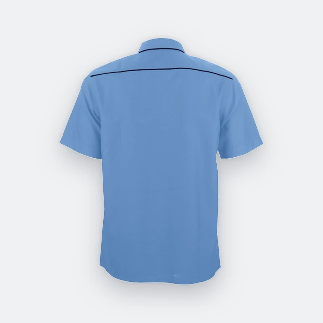 F148 corporate uniform unisex short sleeve contrast piping light blue back view