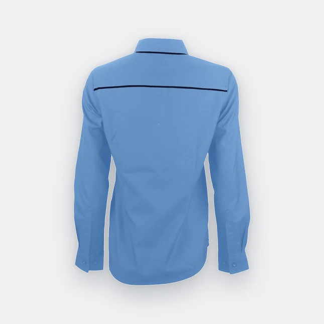 F149 corporate uniform female long sleeve contrast piping light blue back view