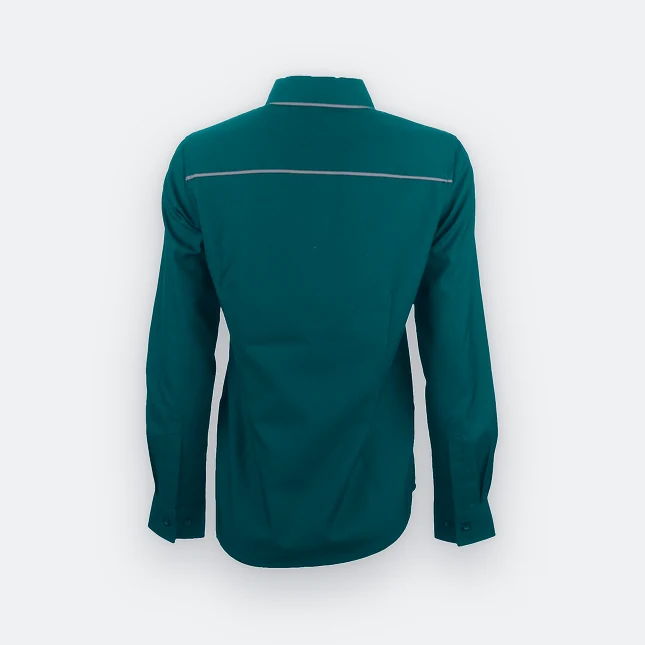 F149 corporate uniform female long sleeve contrast piping midnight green back view