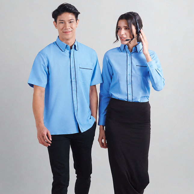 F149 corporate uniform female long sleeve contrast piping worn by model
