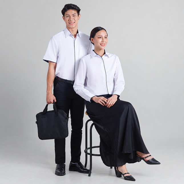 F150 corporate uniform unisex short sleeve tr hidden pocket worn by model