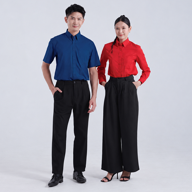 F152 corporate uniform unisex short sleeve tr button-down 2026 worn by model