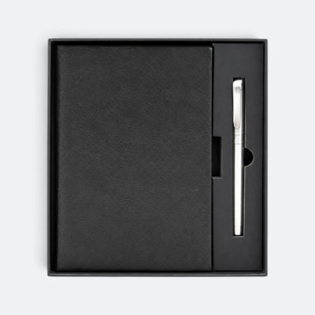 GMG9200 Soft-Cover Notebook & Pen Gift Set Black Gmg9200 soft-cover notebook & pen gift set in black, corporate gift set with custom logo printing