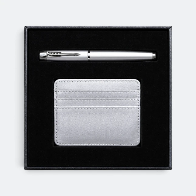 Gmg9204 metal pen & card holder gift set in grey, corporate gift set with custom logo printing