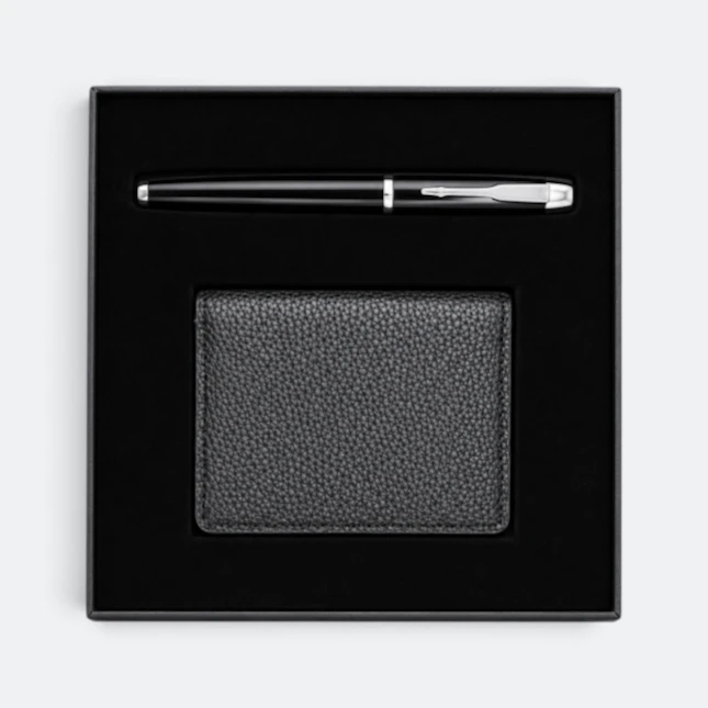 GMG9205 Metal Pen & Pebble-Grain Card Holder Gift Set Black Gmg9205 metal pen & pebble-grain card holder gift set in black, corporate gift set with custom logo printing