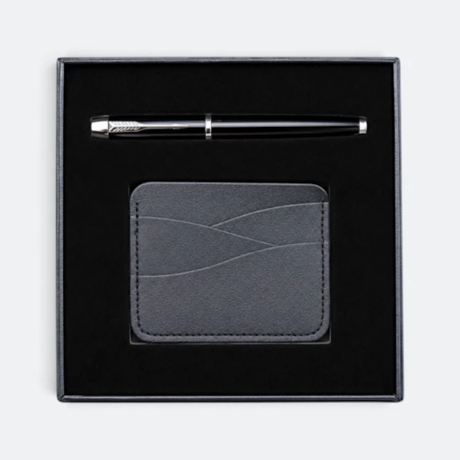 Gmg9208 metal pen & wave-texture card holder gift set in black, corporate gift set with custom logo printing