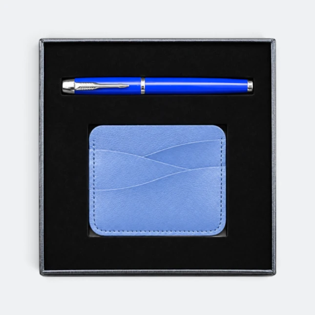 Gmg9208 metal pen & wave-texture card holder gift set in royal blue, corporate gift set with custom logo printing