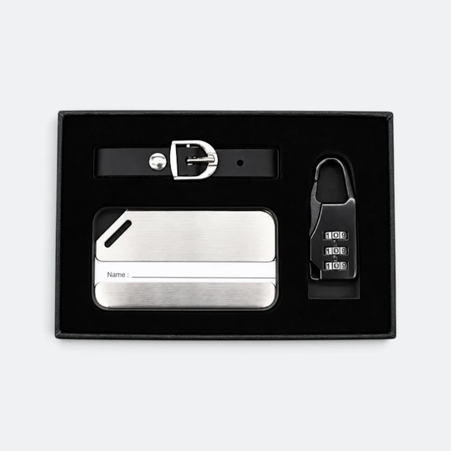 GMG9209 Luggage Tag, Strap & Lock Travel Gift Set Black Gmg9209 luggage tag, strap & lock travel gift set in black, corporate gift set with custom logo printing