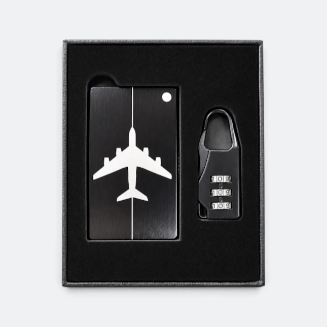 Gmg9210 aluminium luggage tag & lock gift set in black, corporate gift set with custom logo printing