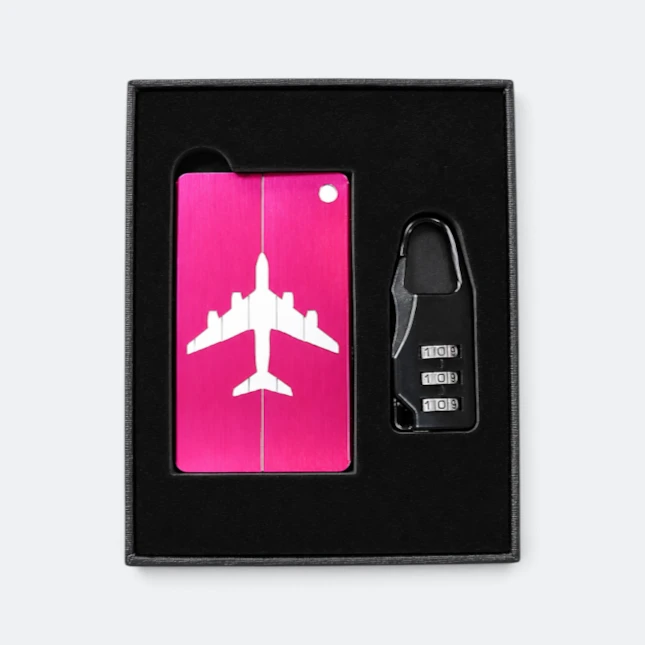 Gmg9210 aluminium luggage tag & lock gift set in magenta, corporate gift set with custom logo printing