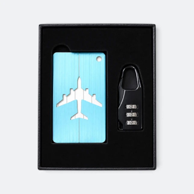 Gmg9210 aluminium luggage tag & lock gift set in sea blue, corporate gift set with custom logo printing