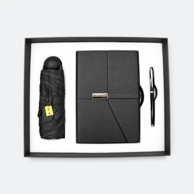GMG9215 Umbrella, Notebook & Pen Gift Set Black Gmg9215 umbrella, notebook & pen gift set in black, corporate gift set with custom logo printing