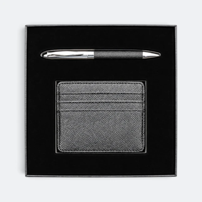 Gmg9217 saffiano card holder & pen gift set in black, corporate gift set with custom logo printing