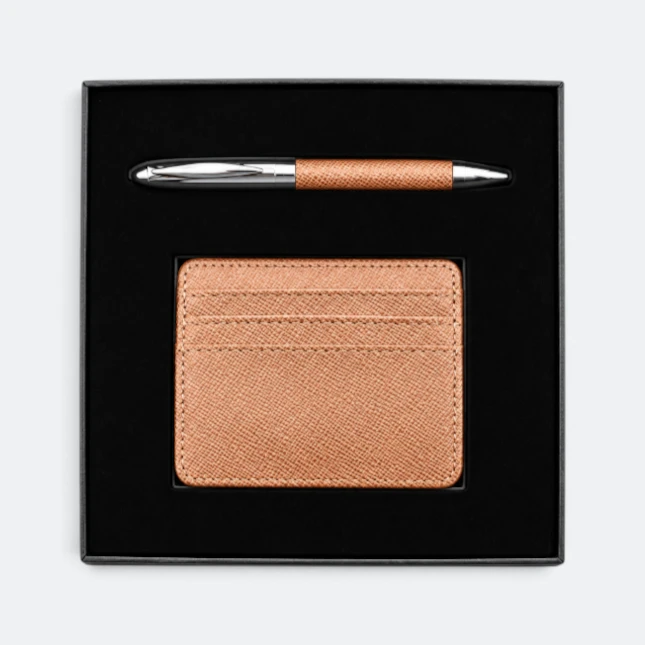Gmg9217 saffiano card holder & pen gift set in brown, corporate gift set with custom logo printing
