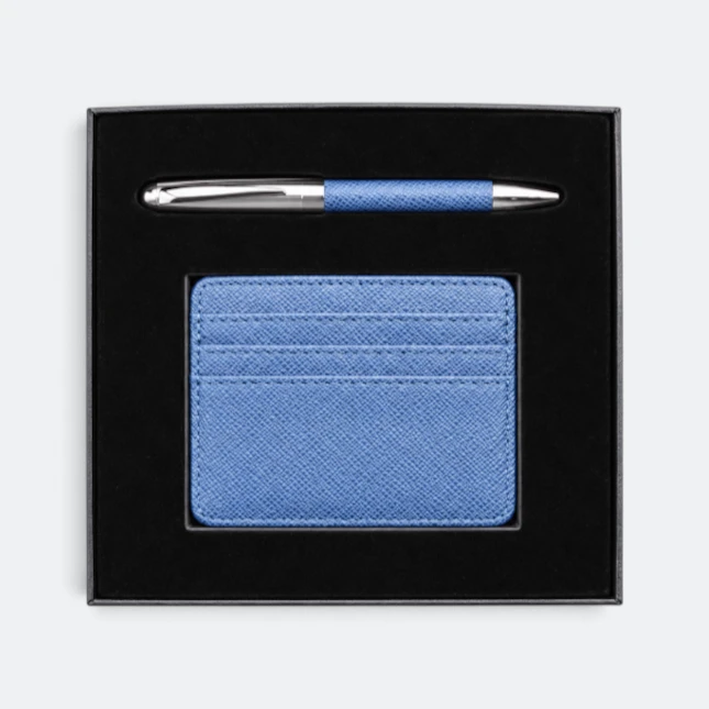 Gmg9217 saffiano card holder & pen gift set in navy, corporate gift set with custom logo printing