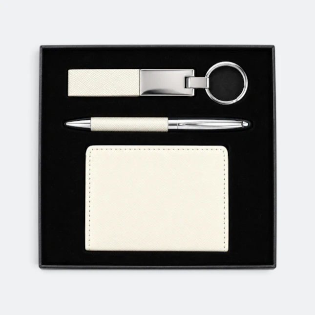 GMG9218 Keychain, Pen & Card Holder Gift Set Beige Gmg9218 keychain, pen & card holder gift set in beige, corporate gift set with custom logo printing