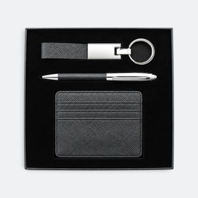 GMG9219 Keychain, Pen & Pebble-Grain Card Holder Gift Set Black Gmg9219 keychain, pen & pebble-grain card holder gift set in black, corporate gift set with custom logo printing