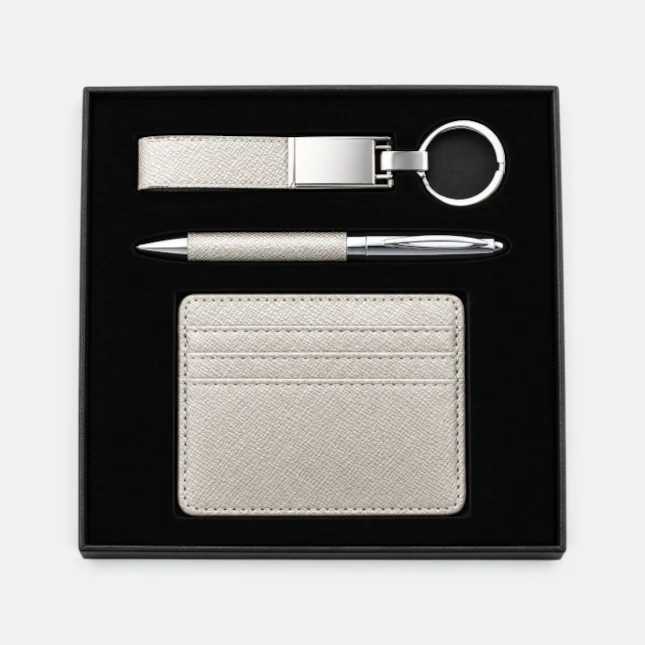 GMG9219 Keychain, Pen & Pebble-Grain Card Holder Gift Set Grey Gmg9219 keychain, pen & pebble-grain card holder gift set in grey, corporate gift set with custom logo printing