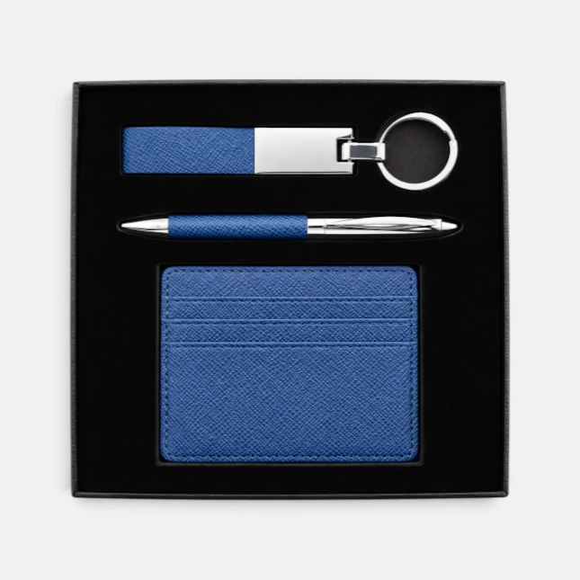 GMG9219 Keychain, Pen & Pebble-Grain Card Holder Gift Set Navy Gmg9219 keychain, pen & pebble-grain card holder gift set in navy, corporate gift set with custom logo printing