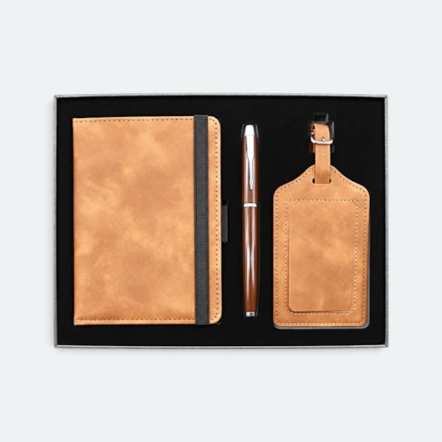 GMG9220 Notebook, Pen & Luggage Tag Gift Set Brown Gmg9220 notebook, pen & luggage tag gift set in brown, corporate gift set with custom logo printing