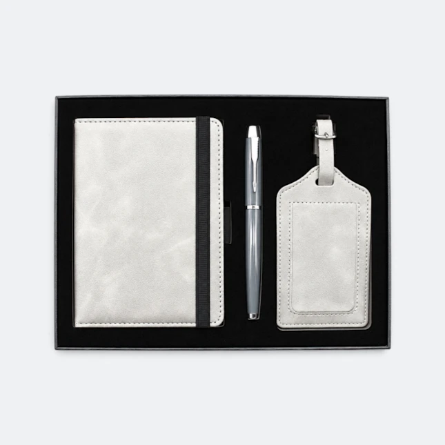 GMG9220 Notebook, Pen & Luggage Tag Gift Set Grey Gmg9220 notebook, pen & luggage tag gift set in grey, corporate gift set with custom logo printing