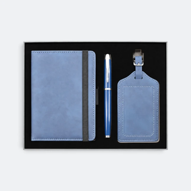 GMG9220 Notebook, Pen & Luggage Tag Gift Set Navy Gmg9220 notebook, pen & luggage tag gift set in navy, corporate gift set with custom logo printing