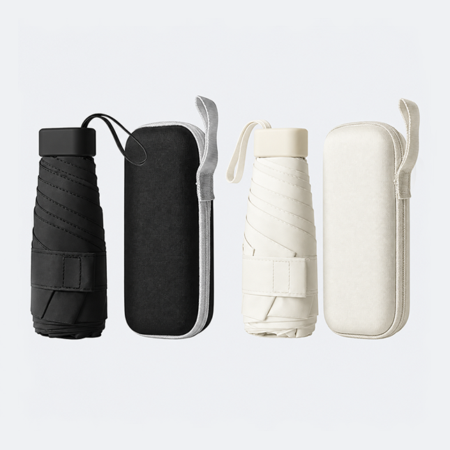 19 inch compact uv umbrella in black and off white, each with its matching zip case