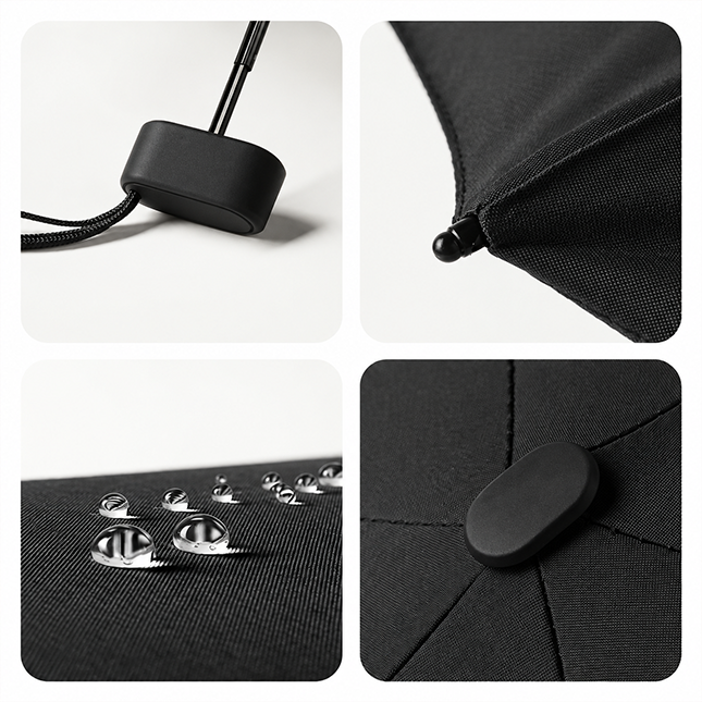 19 inch compact uv umbrella details: cap handle with wrist strap, canopy tip, water-repellent fabric and rib joint