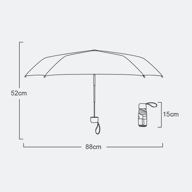 19 inch compact uv umbrella dimensions: 88 cm open width, 52 cm height, 15 cm folded