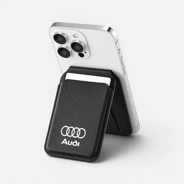 Solaris magnetic wallet stand demonstrated on a phone with an example logo