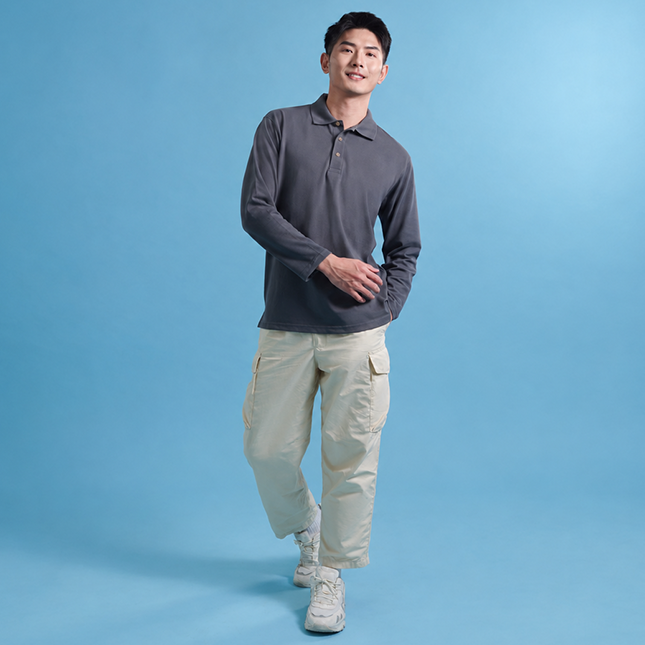 Hc09 honeycomb long sleeve cvc polo shirt worn by model