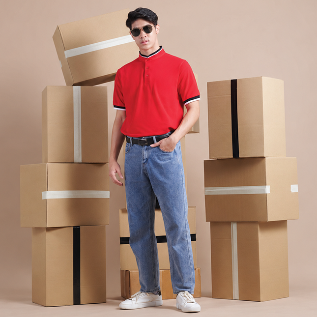 Hc23 honeycomb cvc stand collar polo shirt worn by model