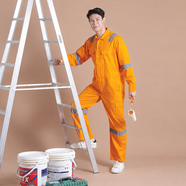 Ov02 cotton coverall with reflective tape worn by model