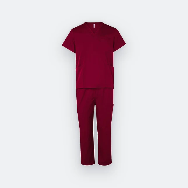 PE10 Unisex Scrub Set (Top and Bottom) Maroon Pe10 unisex scrub set (top and bottom) maroon colour view