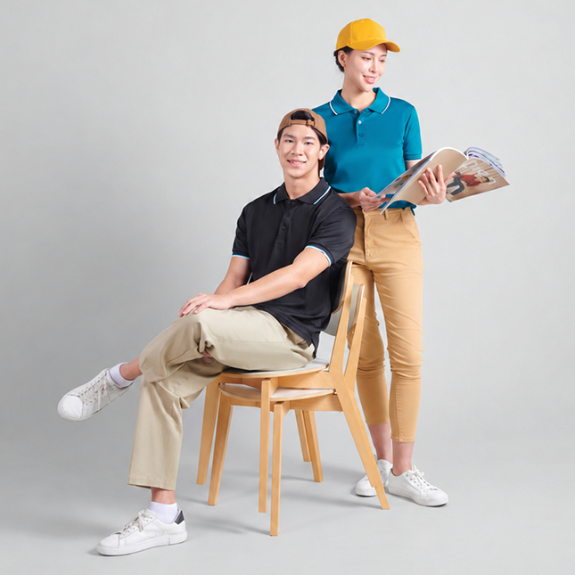 Qd65 quick dry tipped collar and cuff polo shirt worn by model
